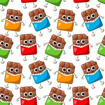 Seamless vector pattern with cute cartoon Chocolate character in wrapper Stock Illustration