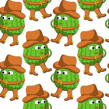 Seamless vector pattern with cute cartoon Cactus Cowboy character Stock Illustration