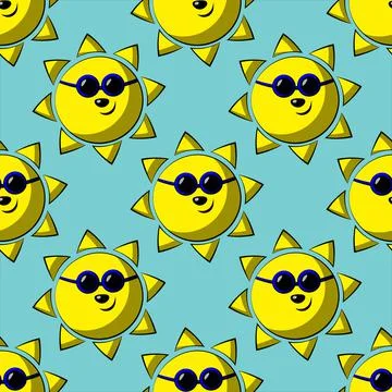 Seamless vector pattern with cute cartoon Sun in sunglasses Stock Illustration