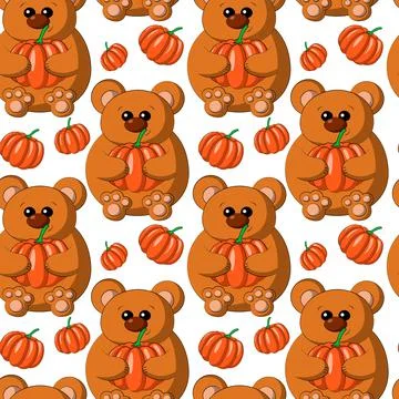 Seamless vector pattern with cute cartoon Bear with Pumpkin Stock Illustration