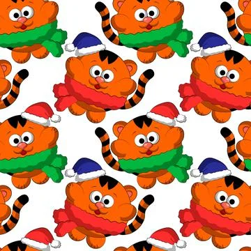 Seamless vector pattern with cute cartoon new years tiger Stock Illustration