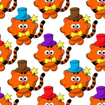 Seamless vector pattern with cute cartoon tiger the wizard Stock Illustration