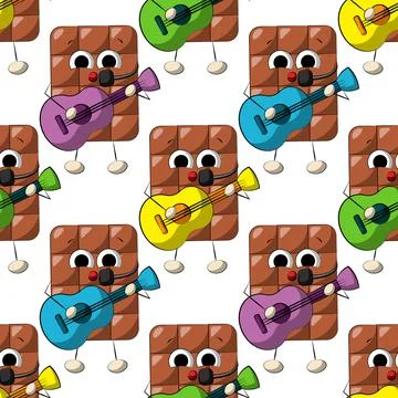 Seamless vector pattern with cute cartoon chocolate with guitar Stock Illustration
