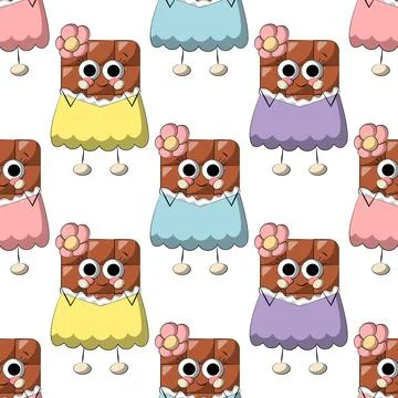 Seamless vector pattern with cute cartoon chocolate girl Stock Illustration