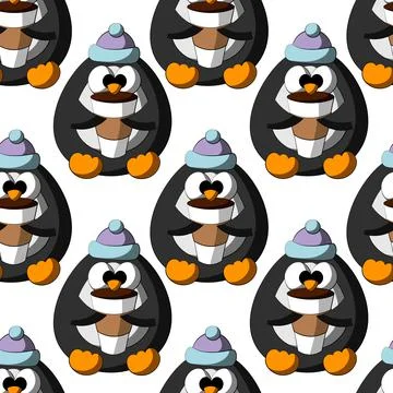Seamless vector pattern with cute cartoon penguin with coffee cup 스톡 일러스트