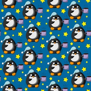 Seamless vector pattern with cute cartoon sleep penguin and star Illustrazione stock
