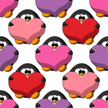 Seamless vector pattern with cute cartoon penguin with heart Stock Illustration