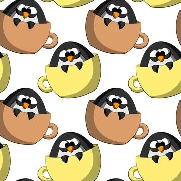 Seamless vector pattern with cute cartoon penguin in mug Stock Illustration