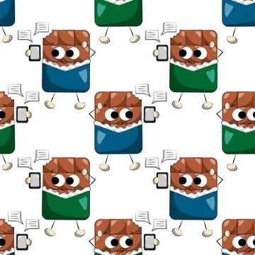 Seamless vector pattern with cute cartoon chocolate with phone Illustrazione stock