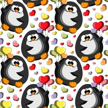 Seamless vector pattern with cute cartoon penguin with ballon in form heart Stock Illustration