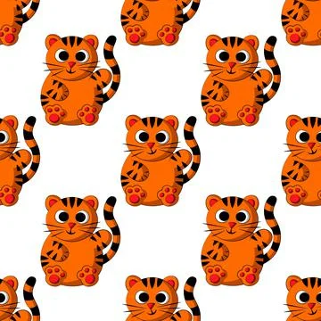 Seamless vector pattern with cute cartoon tiger Stock Illustration