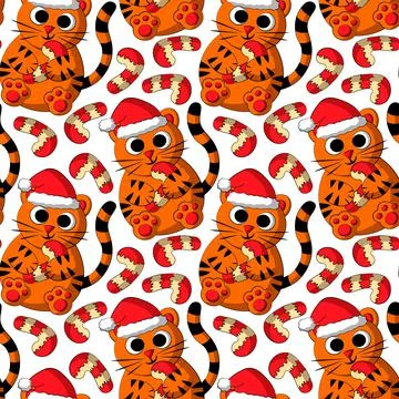 Seamless vector pattern with cute cartoon tiger in christmas hat with candy c Stock Illustration