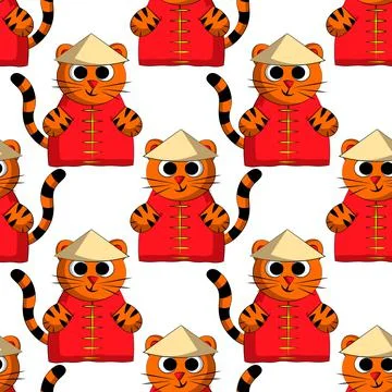 Seamless vector pattern with cute cartoon chinese tiger Illustrazione stock