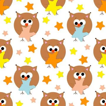 Seamless vector pattern with cute cartoon owl and star Stock Illustration
