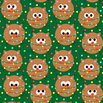 Seamless vector pattern with cute cartoon owl with christmas garland Stock Illustration