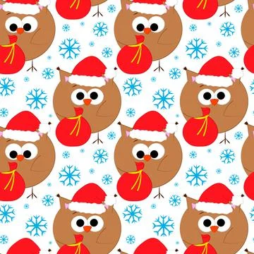 Seamless vector pattern with cute cartoon owl santa Stock Illustration