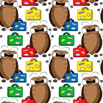 Seamless vector pattern with cute cartoon cockroach with suitcase Stock-Illustration