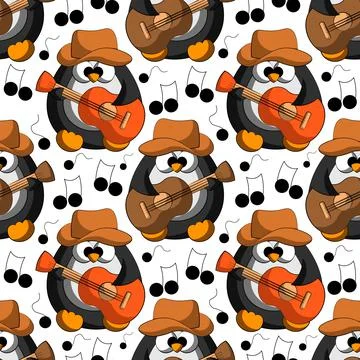 Seamless vector pattern with cute cartoon penguin cowboy Stock Illustration