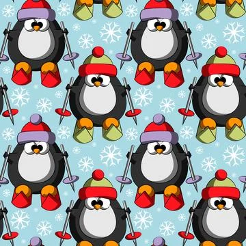 Seamless vector pattern with cute cartoon penguin by ski Stock Illustration