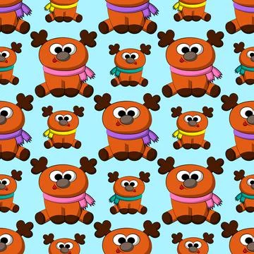 Seamless vector pattern with cute cartoon Reindeer in scarf Stock Illustration