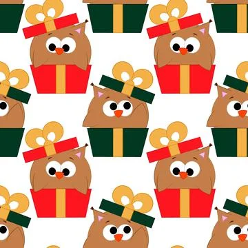 Seamless vector pattern with cute cartoon owl in gift box Illustrazione stock