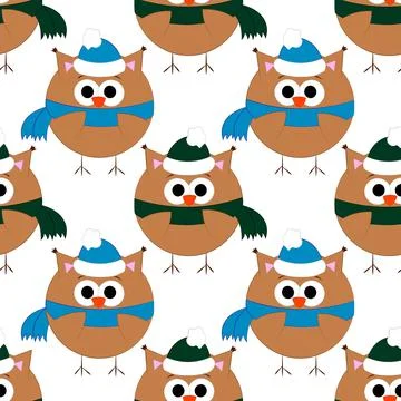 Seamless vector pattern with cute cartoon owl in hat and scarf イラスト素材