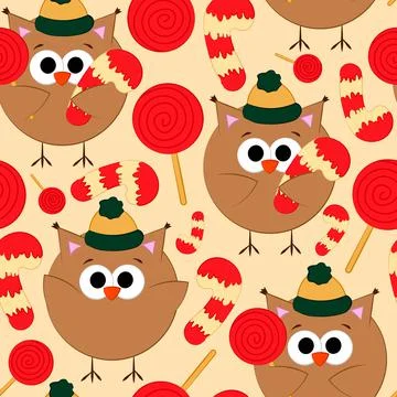 Seamless vector pattern with cute cartoon owl and candy 스톡 일러스트