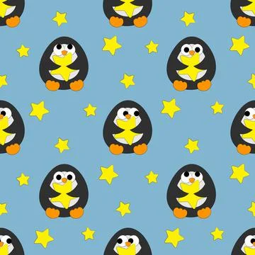 Seamless vector pattern with cute cartoon penguin with stars Stock Illustration