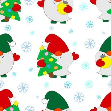 Seamless vector pattern with cute cartoon Gnome with Christmas tree Stock Illustration