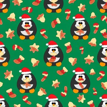 Seamless vector pattern with cute cartoon penguin and gingerbread Stock Illustration