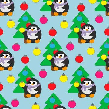 Seamless vector pattern with cute cartoon penguin with Christmas tree and toy Illustrazione stock