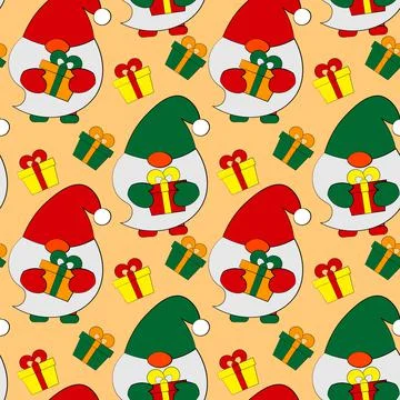 Seamless vector pattern with cute cartoon Gnomes and gift box Illustrazione stock