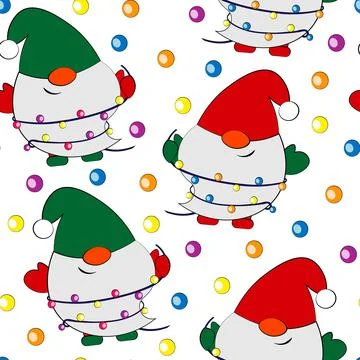 Seamless vector pattern with cute cartoon Gnomes and light garland Illustrazione stock