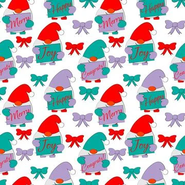 Seamless vector pattern with cute cartoon Gnomes with congratulatory words Stock Illustration