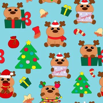 Seamless vector pattern with cute cartoon Christmas Reindeer Stock Illustration