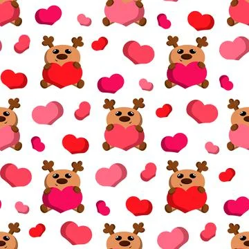 Seamless vector pattern with cute cartoon reindeer and heart Stock Illustration