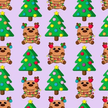 Seamless vector pattern with cute cartoon reindeer with christmas tree and ga イラスト素材