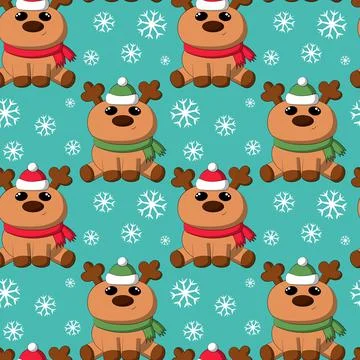 Seamless vector pattern with cute cartoon reindeer and snowflake Stock Illustration