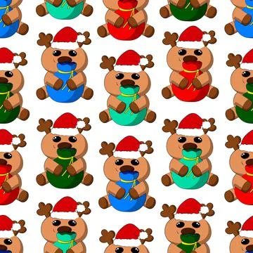 Seamless vector pattern with cute cartoon reindeer santa and bag Illustrazione stock