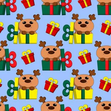 Seamless vector pattern with cute cartoon reindeer and gift box Illustrazione stock