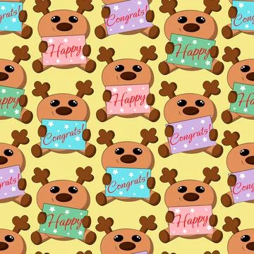 Seamless vector pattern with cute cartoon reindeer with congratulation Stock Illustration