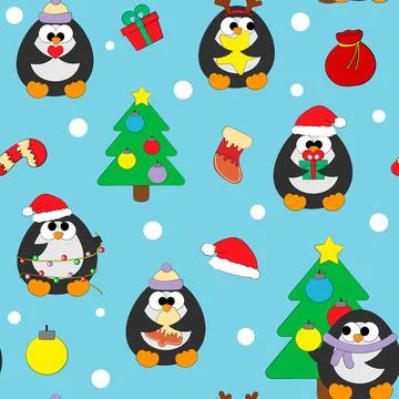 Seamless vector pattern with cute cartoon Christmas Penguin Illustrazione stock