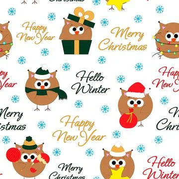 Seamless vector pattern with cute cartoon Christmas Owlet Stock Illustration