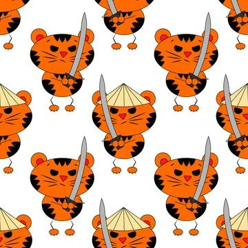 Seamless vector pattern with cute cartoon Tiger Samurai Stock Illustration