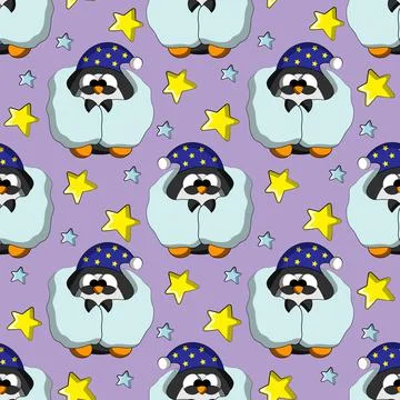 Seamless vector pattern with cute cartoon sleep Penguin Illustrazione stock