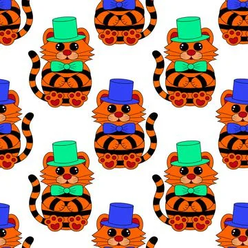 Seamless vector pattern with cute cartoon tiger Stock Illustration