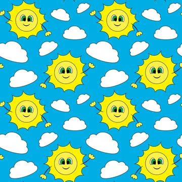 Seamless vector pattern with cute cartoon sun in sky Stock Illustration