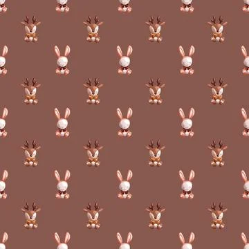 Seamless vector pattern of cute cartoon children's knitted toys deer, mouse,  Stock Illustration