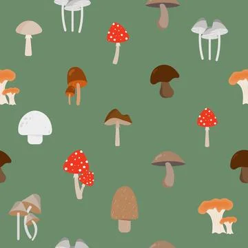 Seamless vector pattern with cute cartoon forest mushrooms Stock Illustration