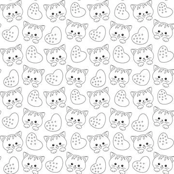Seamless vector pattern of cute cartoon cat and heart shape in sketch style 스톡 일러스트